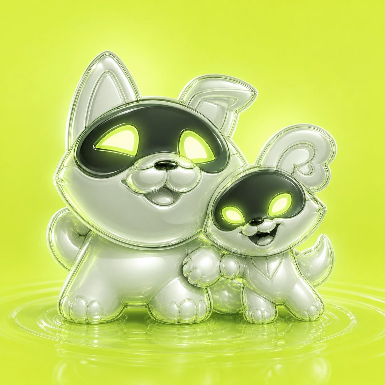 A and P, two glossy chrome mascots on an acid-lime background